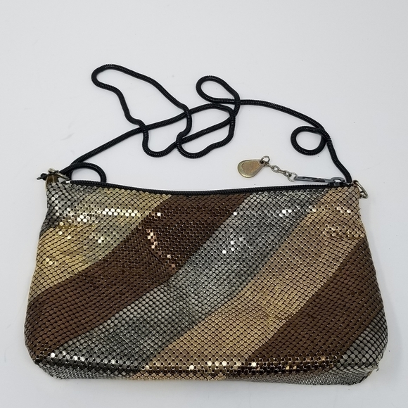 Delill Metal Mesh Crossbody Bag Vintage 80s Color block Stripes Silver Bronze - Picture 10 of 10